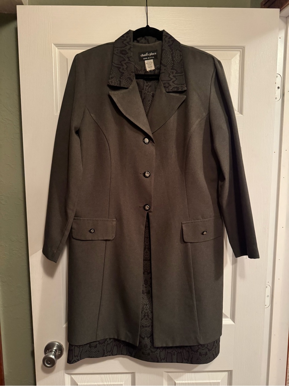 Chad’s Place 2pc Sz 14 Moss Green Split Front Button Blazer & Sheath Midi Dress